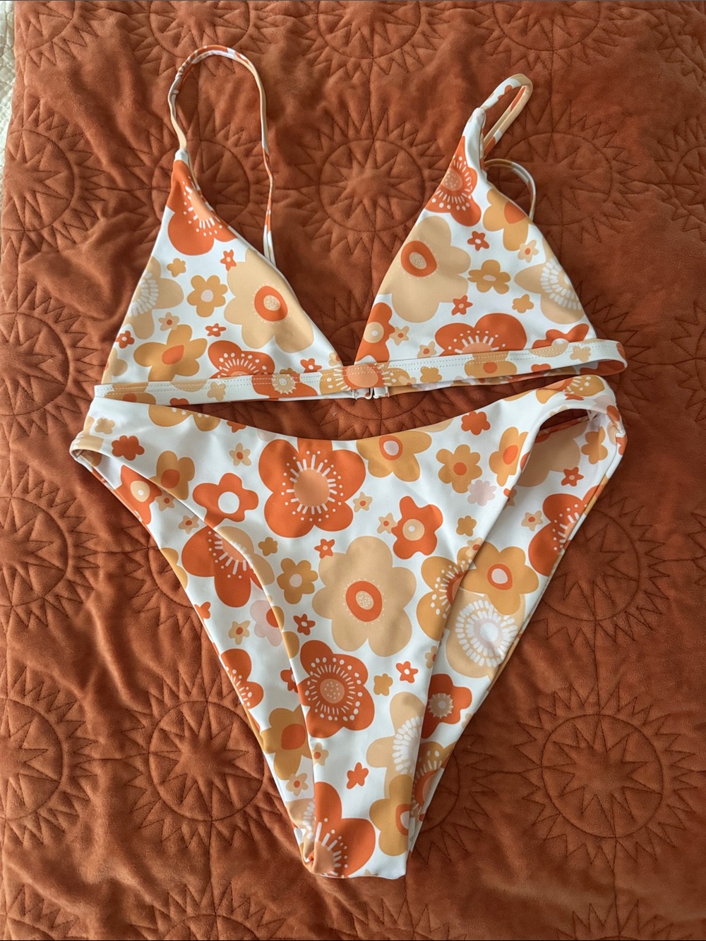 Aurelle Orange Floral Triangle Bikini Set